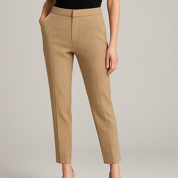 Rachel Zoe Rhinestone Dot Slim Pants Camel Tan Size 4 Sparkle Embellished Glam - Picture 1 of 16